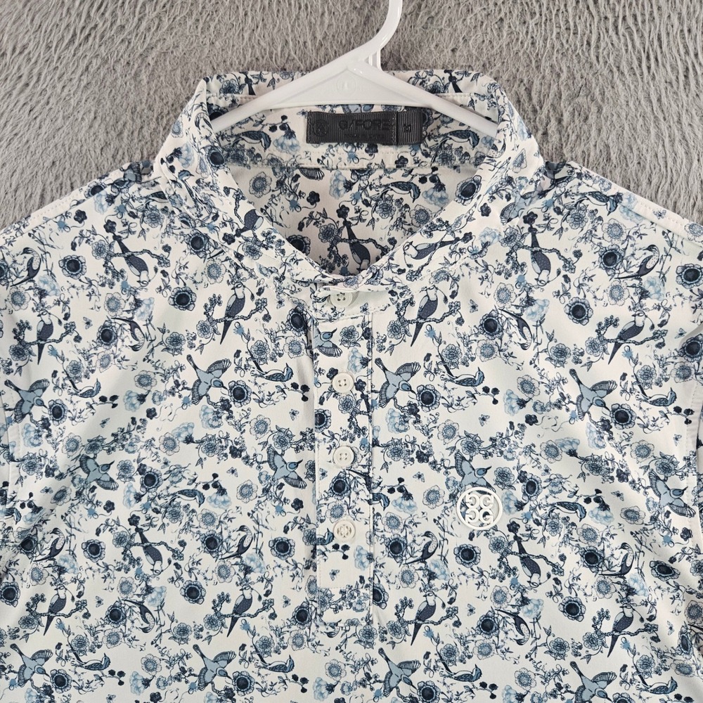 G/FORE Mens Floral Bird Print Golf Polo Shirt Blue White Size Medium Stretch